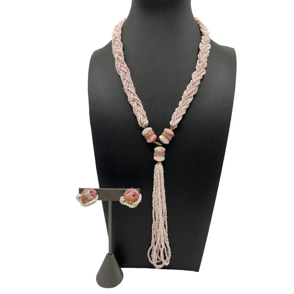 VTG Pink Seed Bead Milk‎ Glass Multi Strand Braided Tassel Necklace Earring Set
